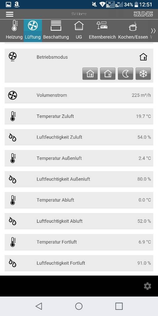 Screen view of a building services app with ventilation settings and measurements