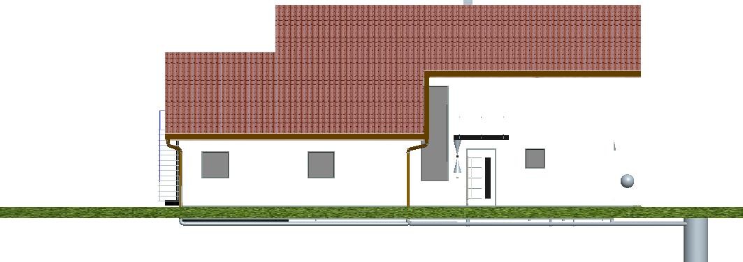 Seitliche Hausansicht mit rotem Ziegeldach, weißer Fassade, Fenster und Tür rechts.