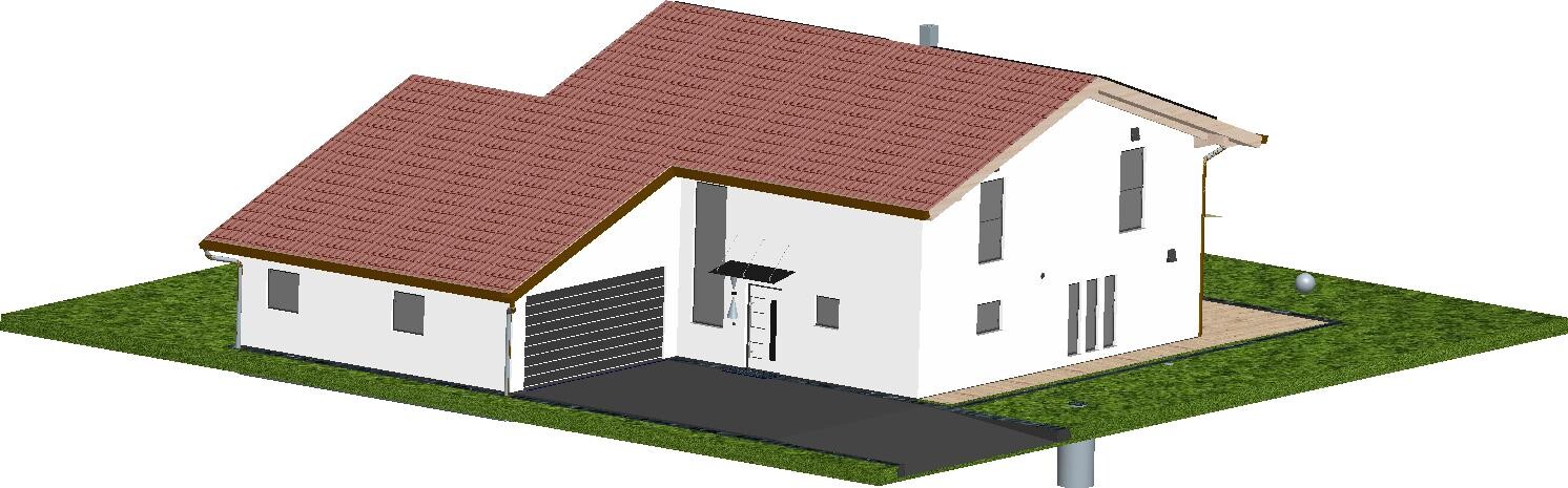 Modernes weißes Einfamilienhaus mit rotem Ziegeldach, Garage und Garten.