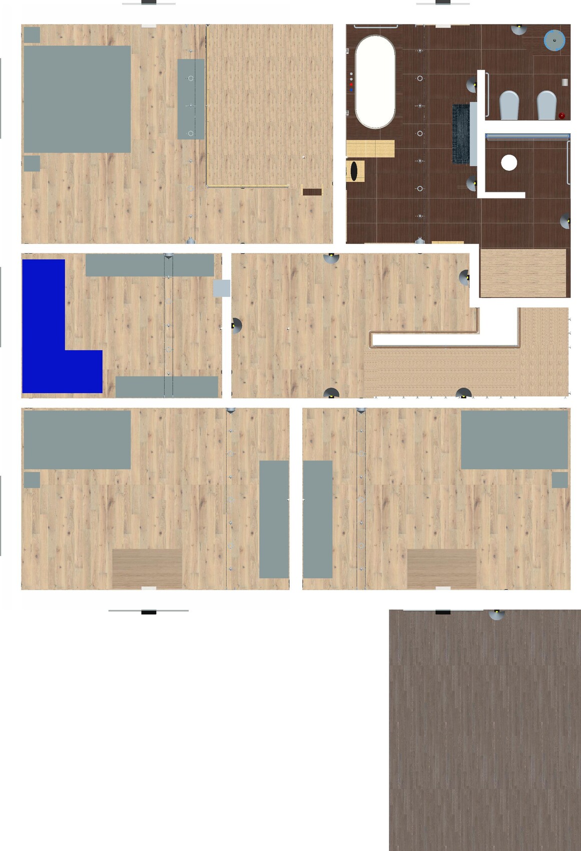 Grundriss eines Gebäudes mit mehreren Zimmern, Holzboden, Badezimmerbereich und Möbeln.
