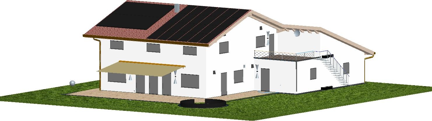 Modernes Haus mit Solaranlagen, Terrasse, Balkon und grünem Garten.