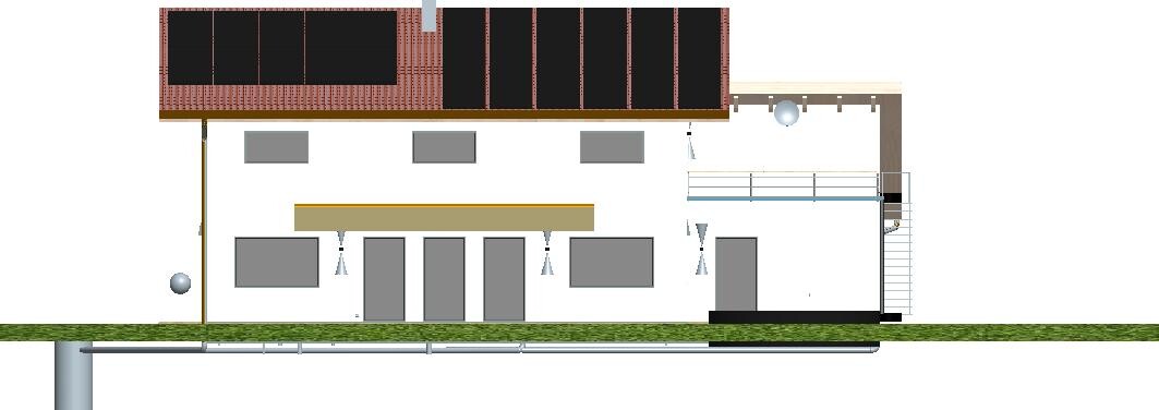 Seitliche Gebäudeperspektive mit Solarzellen auf dem Dach, Terrasse/Balkon und Treppe rechts.