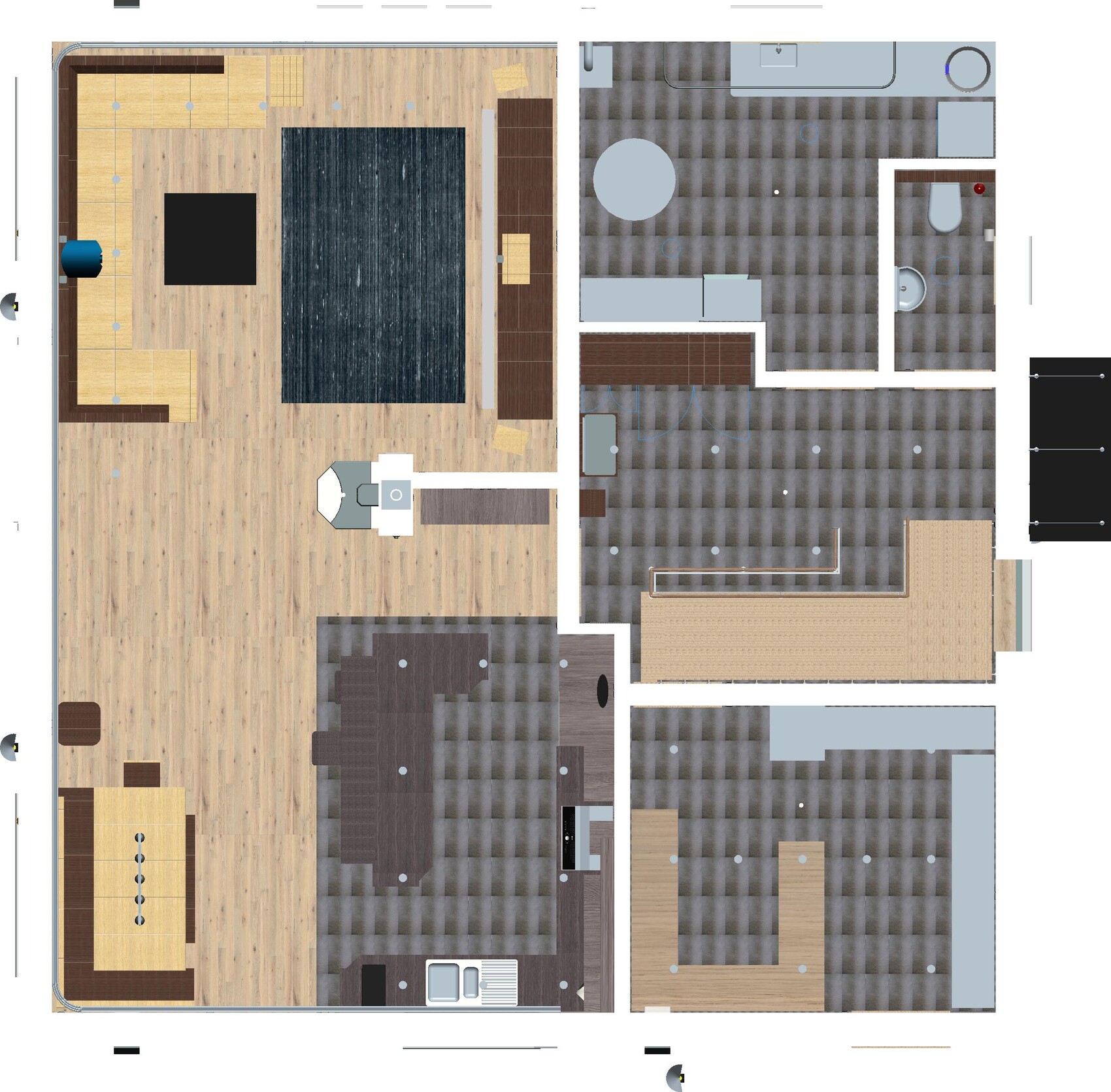 Grundriss eines Hauses mit Wohnzimmer, Küche, Essbereich, Bad und Fluren.