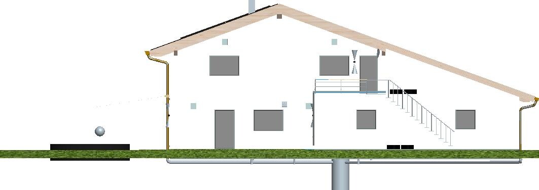 Schematisches weißes Haus mit Satteldach, Außentreppe und unterirdischen Rohrleitungen.