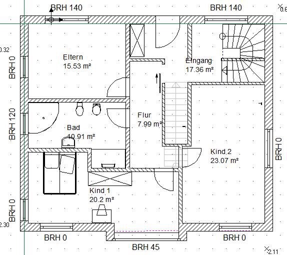 Ground floor plan: entrance area, stairs, hallway, master bedroom, bathroom, child 1, child 2.
