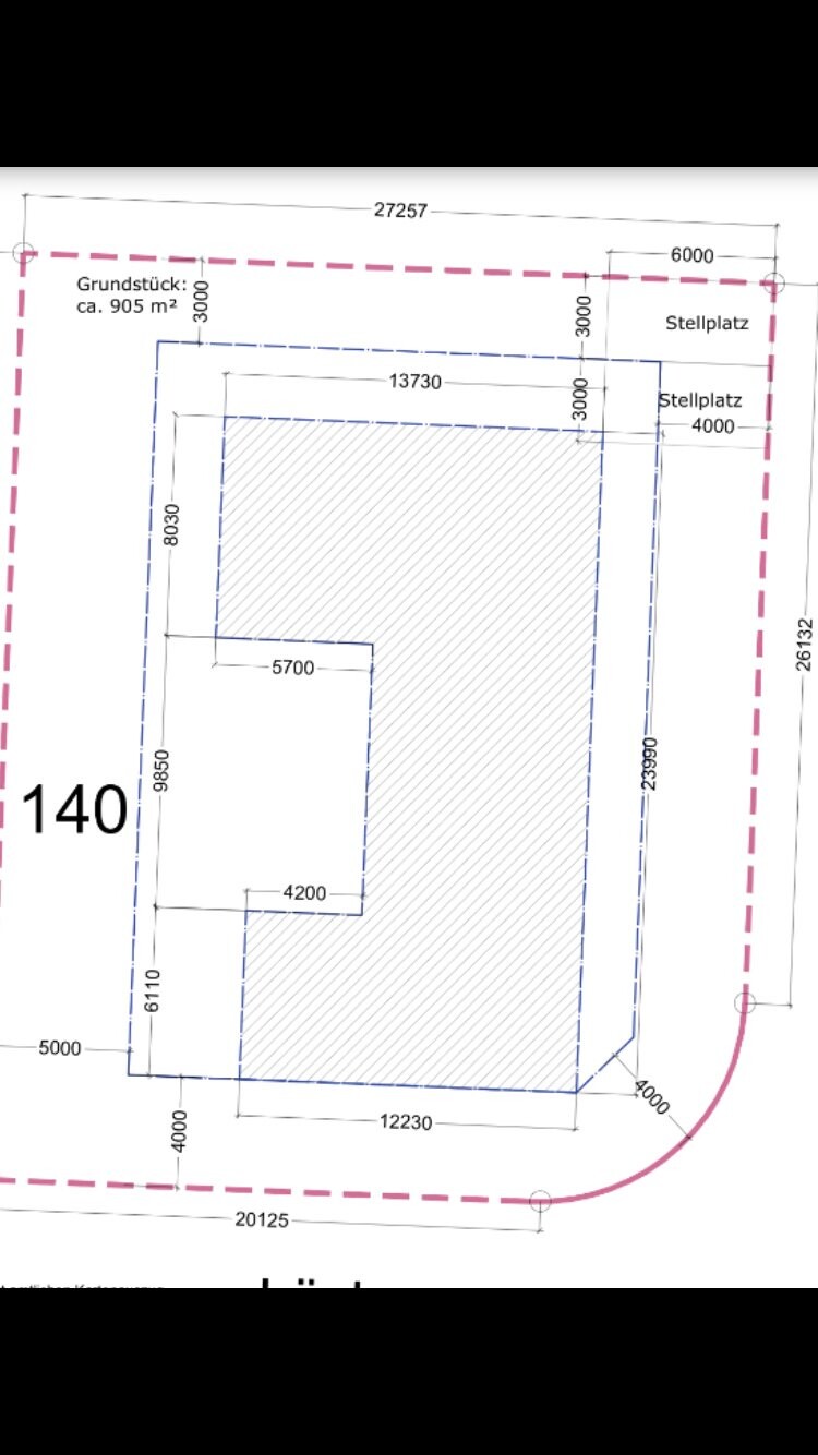 Site plan with property boundaries, building area, and dimensions