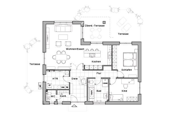Floor plan of a single-family house: living/dining, kitchen, hallway, bathroom, bedroom, child’s room, terrace.