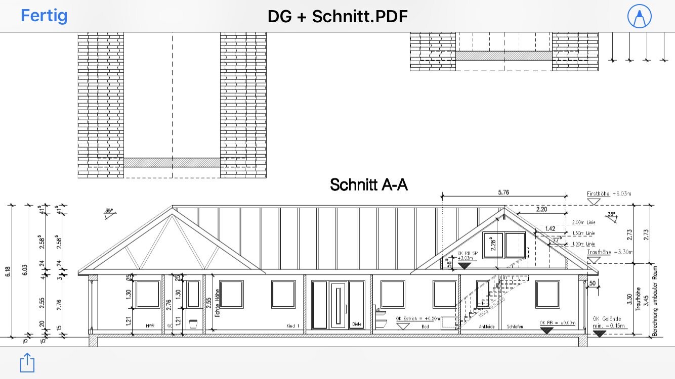 Section A-A of a detached house with roof structure, windows and staircase.