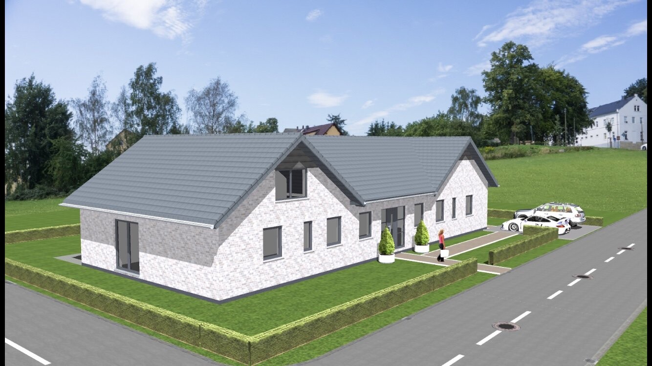 Modern, elongated house made of light-colored bricks with gray gable roof, garden and parked cars.