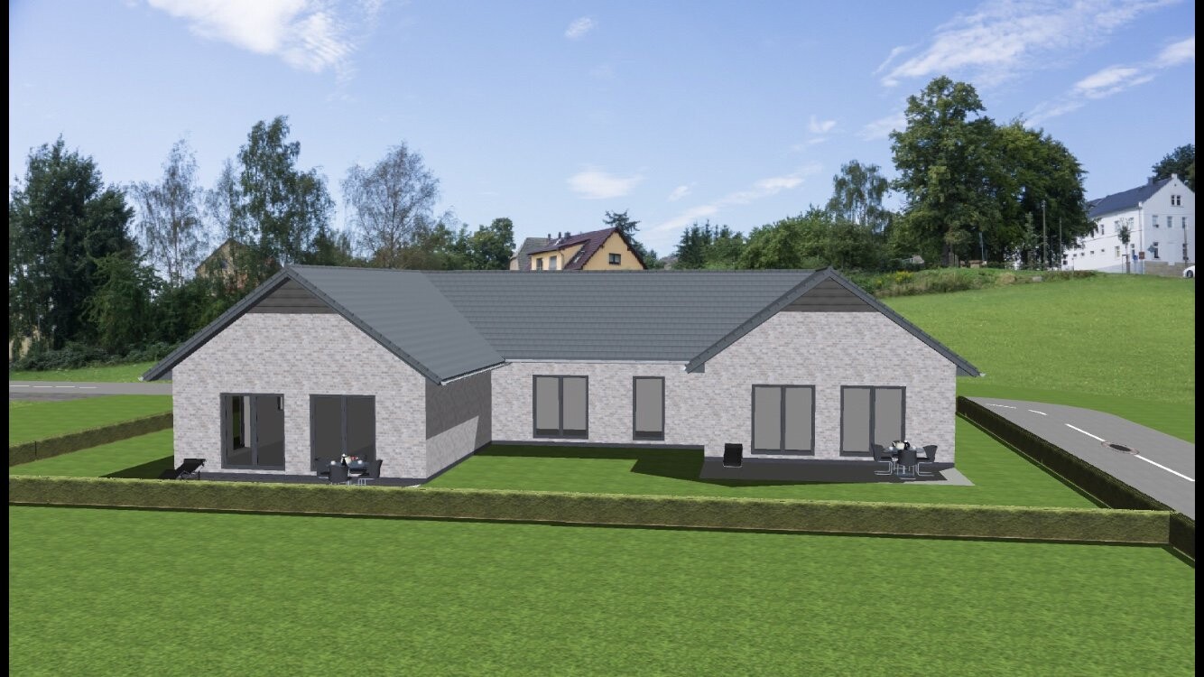 Modern detached house view: gray roof, light brick walls, large windows and garden terrace.
