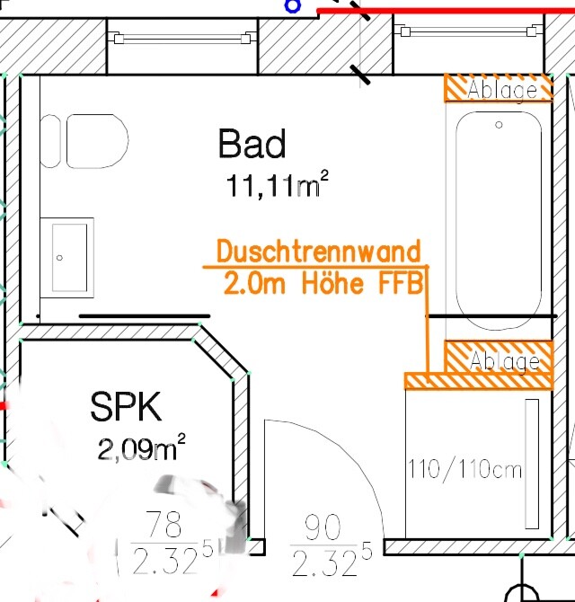 2D bathroom floor plan with shower, bathtub, and toilet in clear room layout