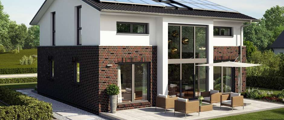 Modern two-story house with large glass front, terrace, and lounge furniture.
