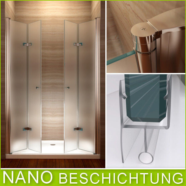 Modern shower enclosure with glass panels, wood cladding, and chrome fittings; nano coating.