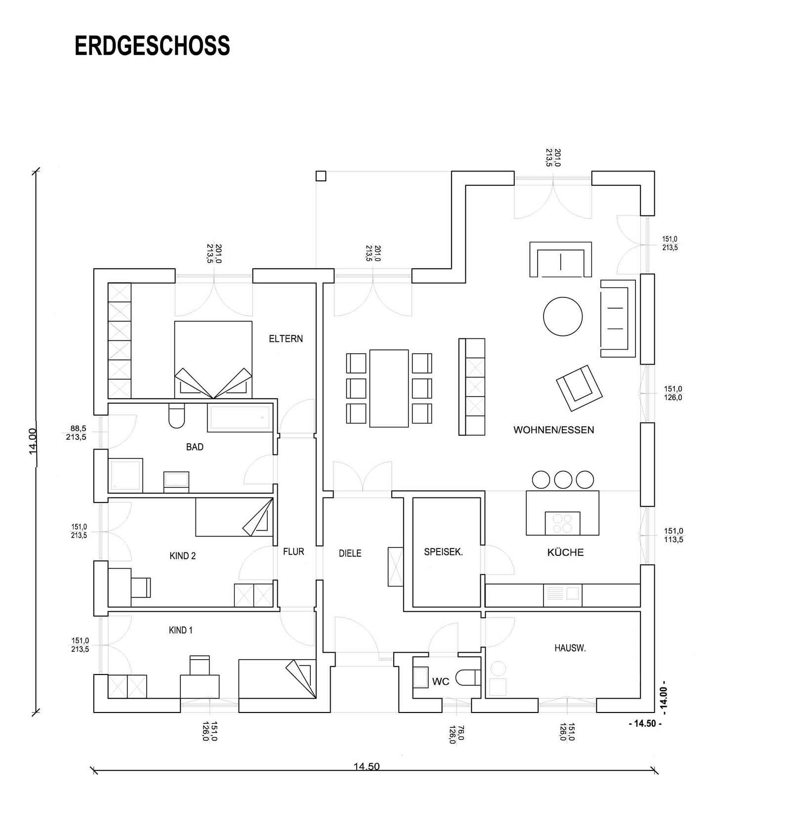 Ground floor plan of a house: living room, kitchen, dining area, master and children’s bedrooms, bathroom.
