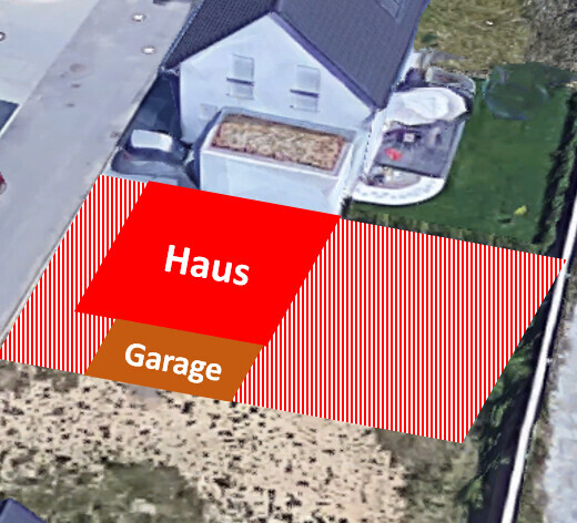 Aerial photo: house and garage with red stripe overlay and labels 'House' and 'Garage'.