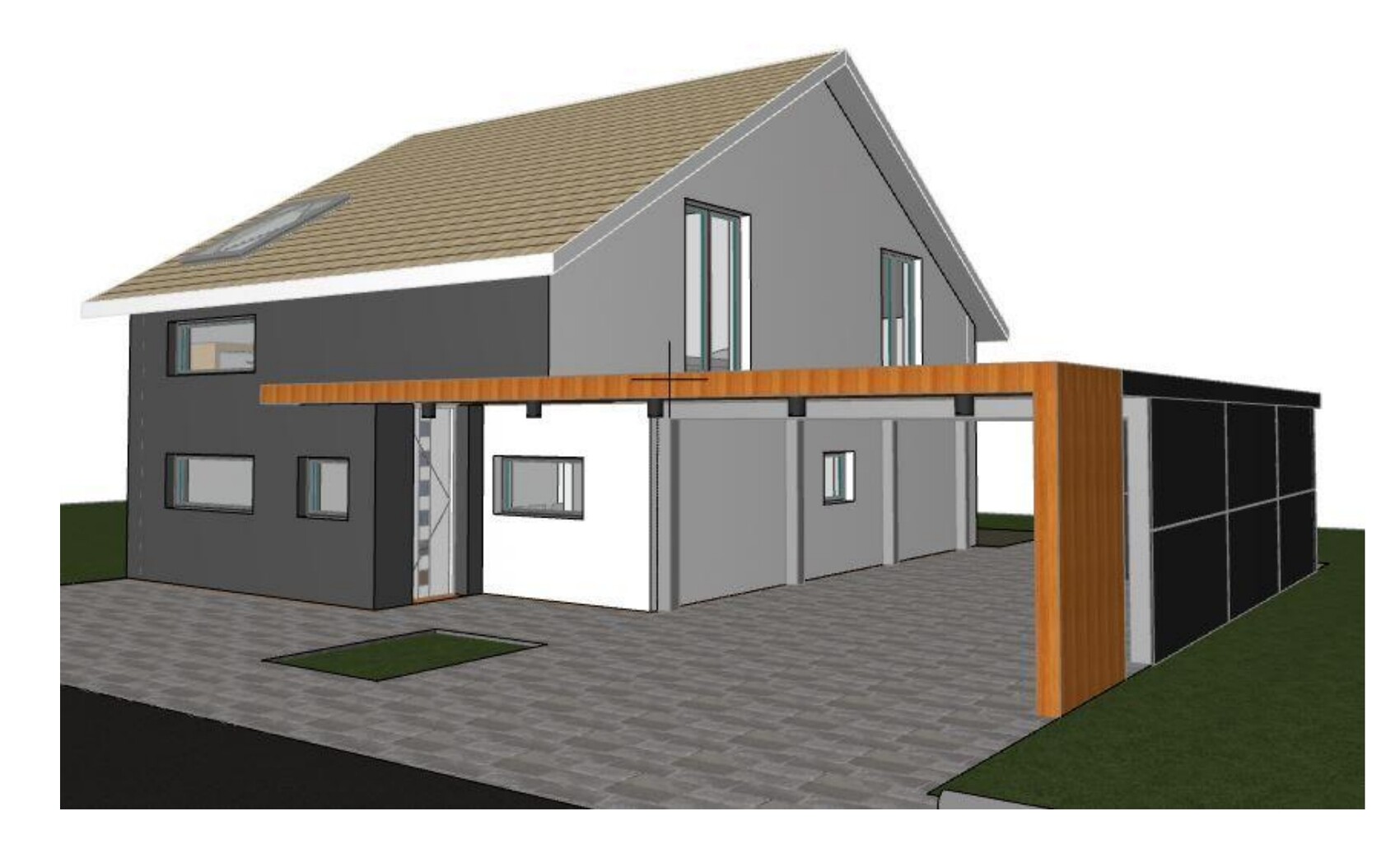 Two-story modern house with gray facade, wooden carport, and large windows.