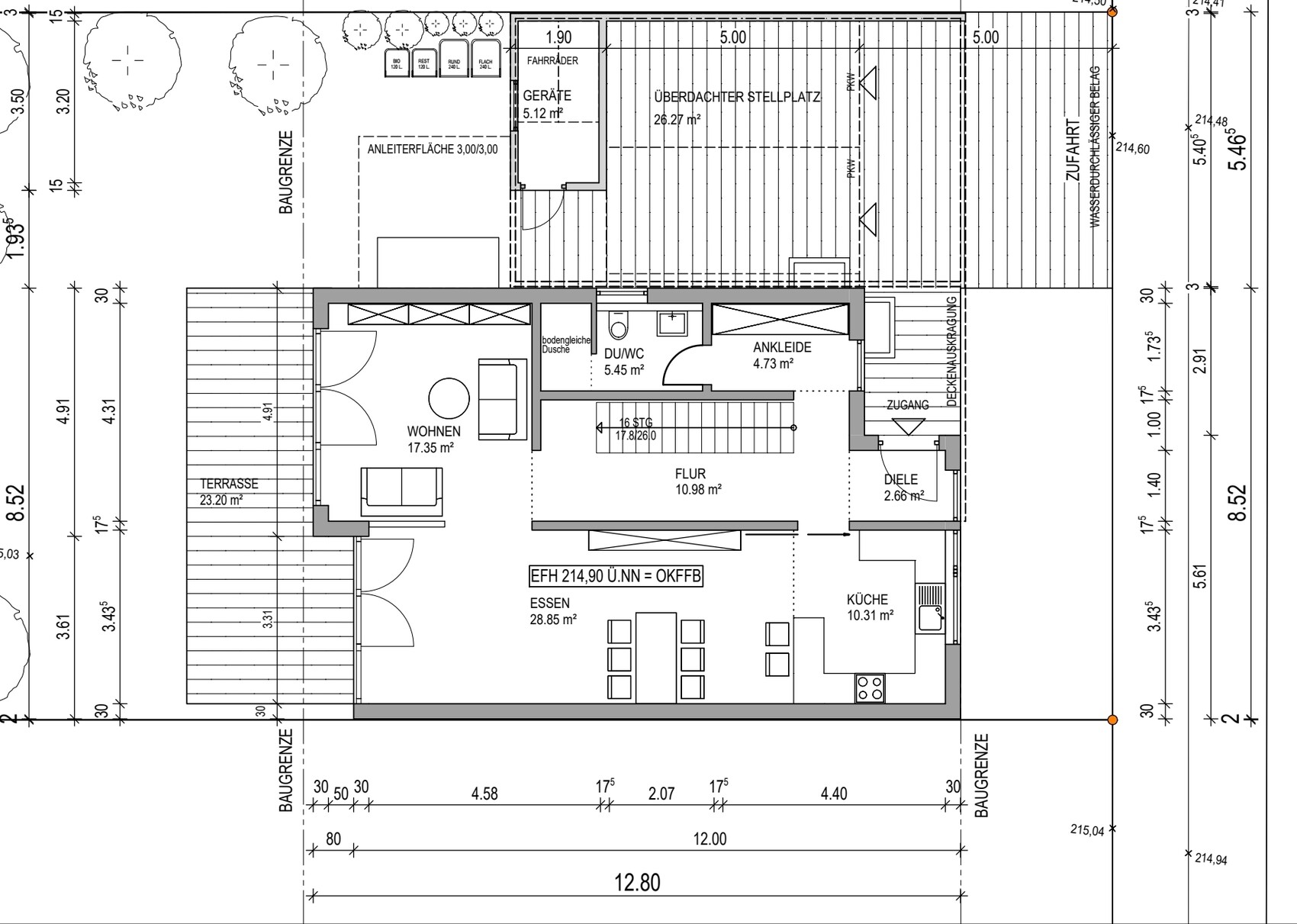 Floor plan of a house with living room, dining area, kitchen, hallway, shower/WC, dressing room, terrace.