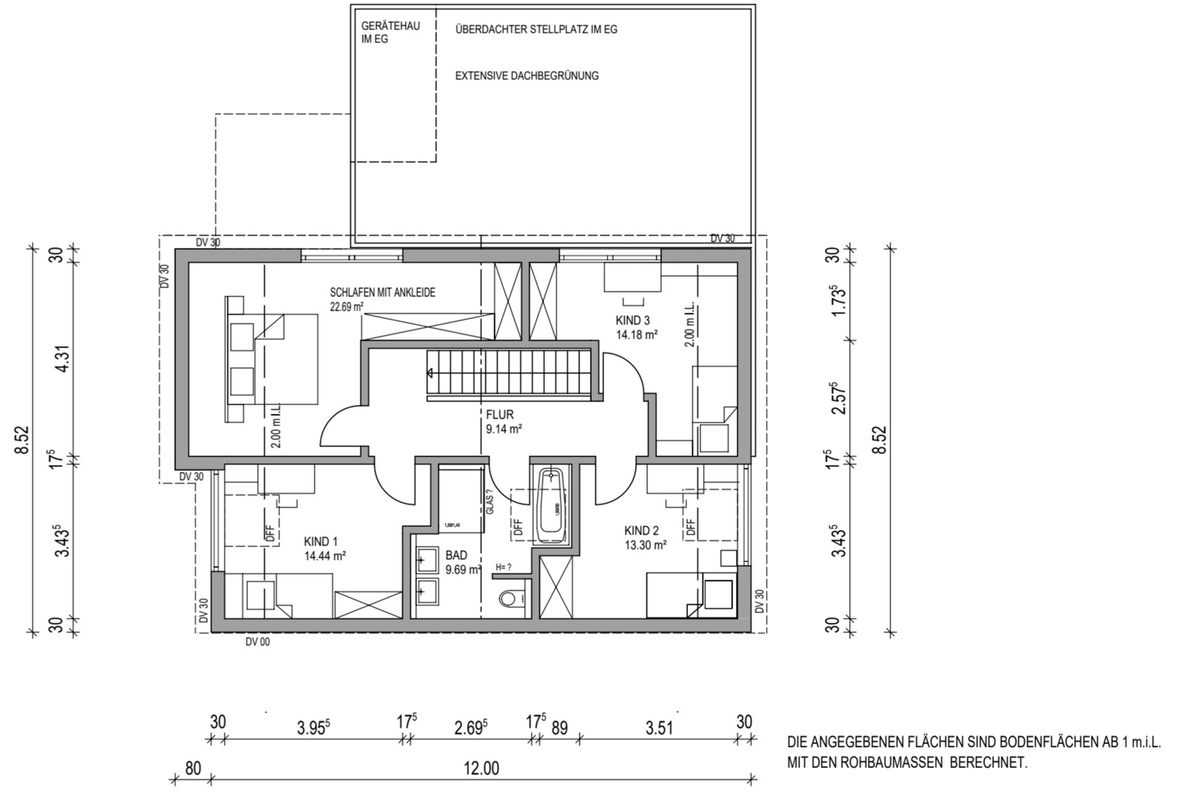 Upper floor plan: bedroom with dressing room, three children's rooms, hallway, and bathroom.