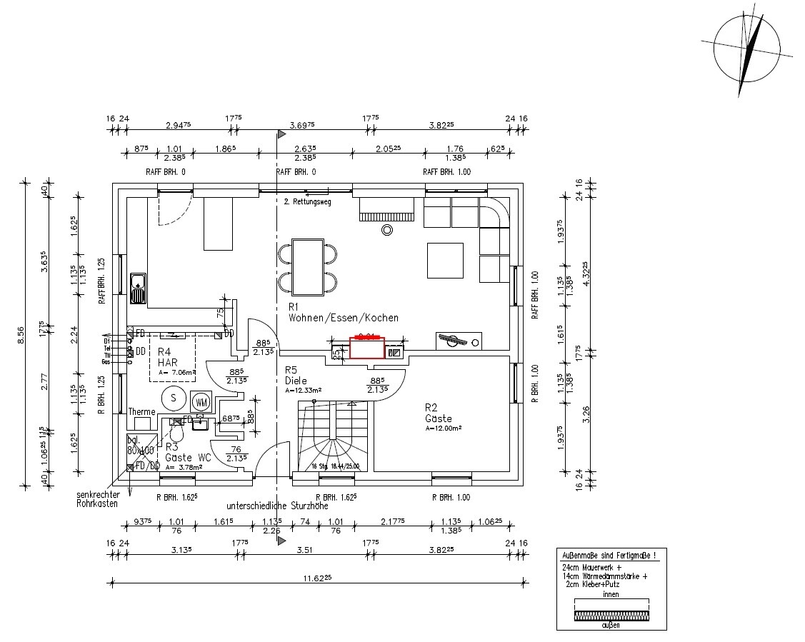 Detaillierter 2D-Hausgrundriss mit Wohn-, Ess- und Kochbereich, Treppe und Eingang.
