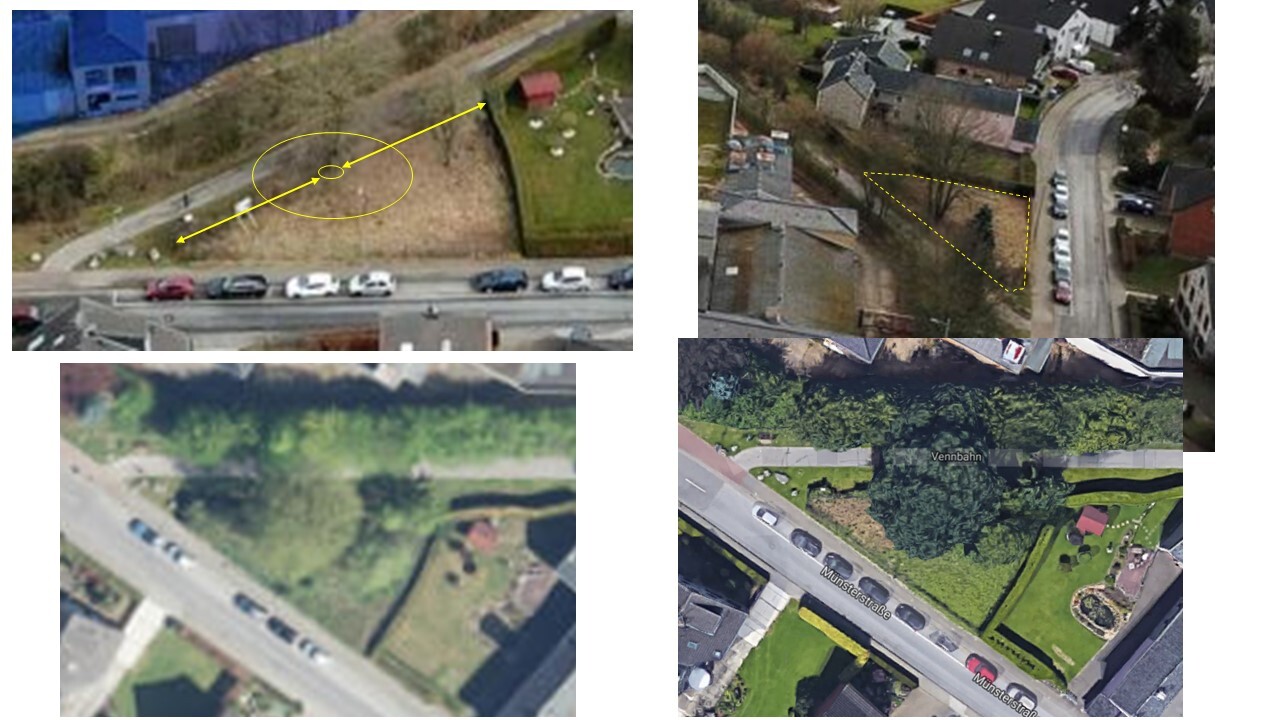 Vier Luftbilder einer Wohngegend: Straße mit Autos, Gärten; Markierungen Kreis, Pfeile, Dreieck.