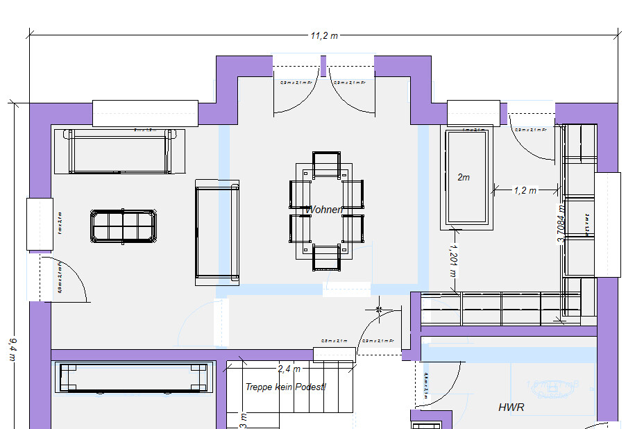 Floor plan of a living and dining area with dining table, sofa, doors, stairs, and utility room.