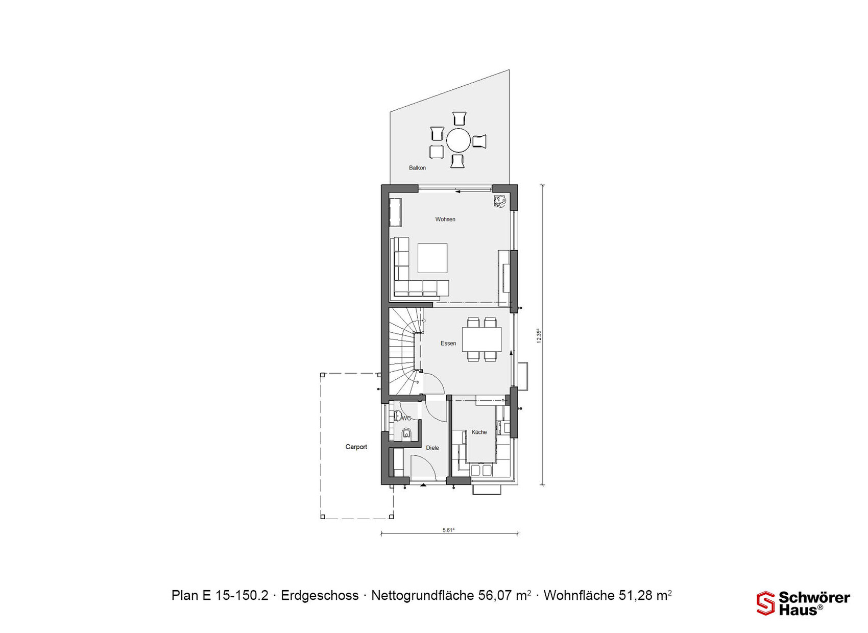 Ground floor plan with living, dining, kitchen, hallway, balcony and carport.