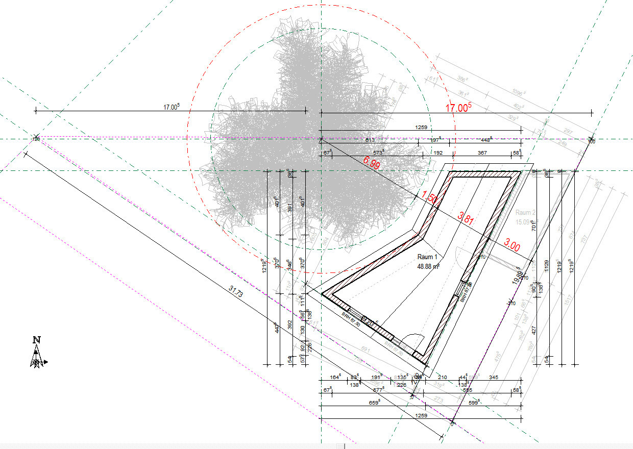 Technical site plan with building floor plan, tree circle, dimension lines, and north arrow.