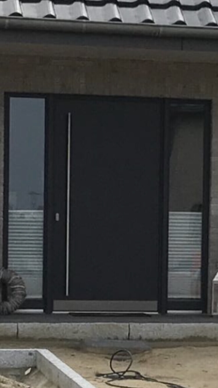 Modern black front door with vertical handle, flanked by glass panels in front of a gray facade.