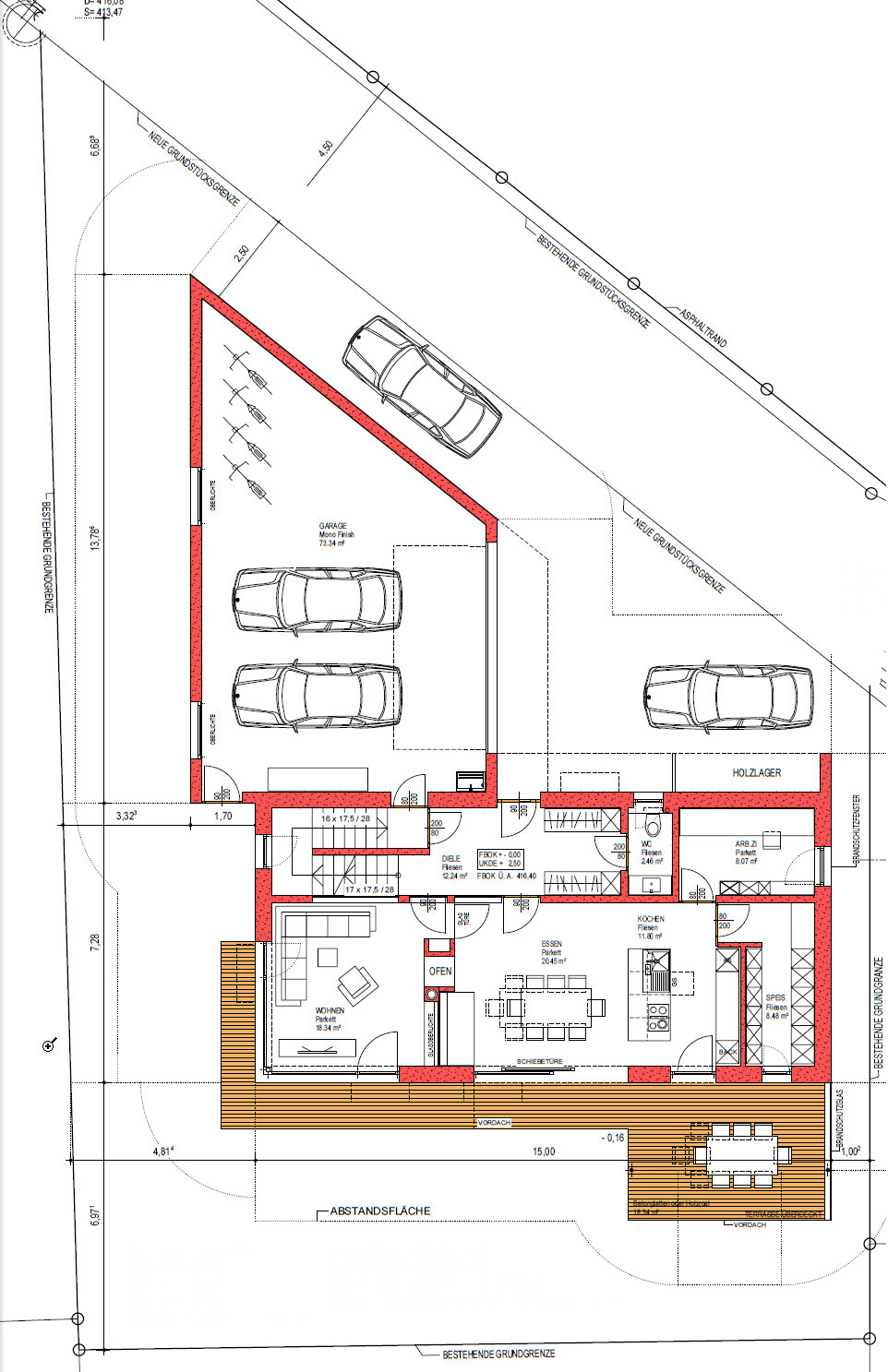 Floor plan of a house with garage, several parking spaces, terrace, and red outline of exterior walls.