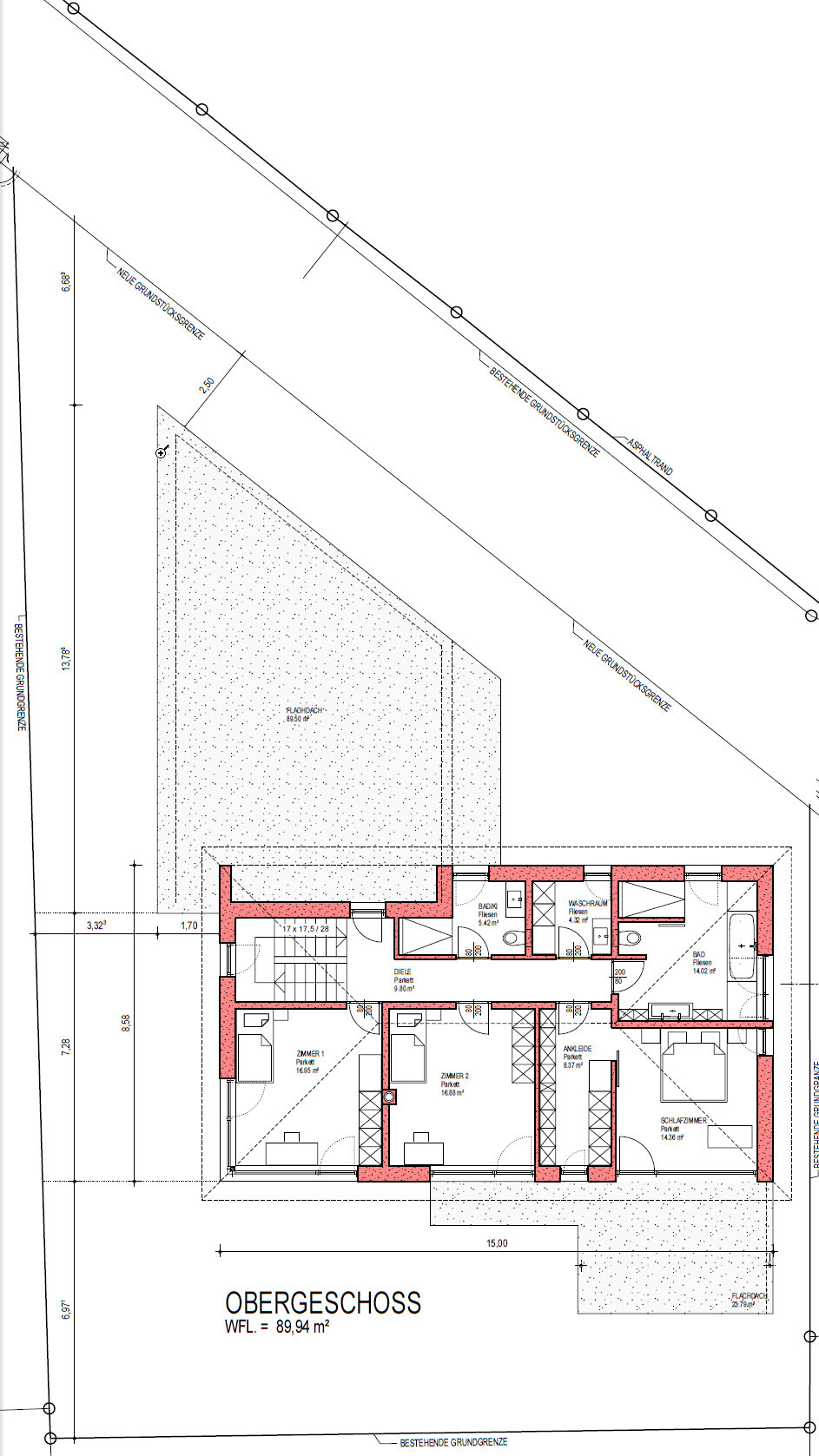 Upper floor plan of a house with rooms, hallway, bathroom; net living area 89.94 m² (969 ft²)