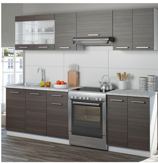 Modern kitchen with dark base cabinets, stainless steel oven, sink, and kitchen utensils.