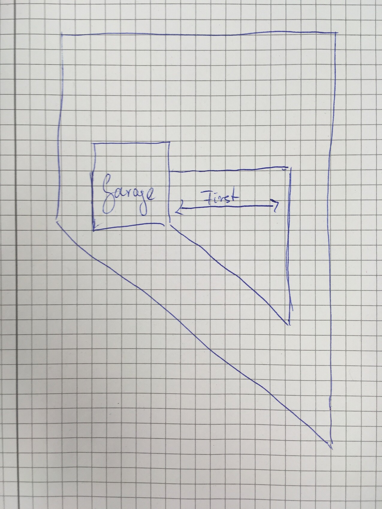 Hand-drawn floor plan sketch: garage on the left, long room on the right with arrows.