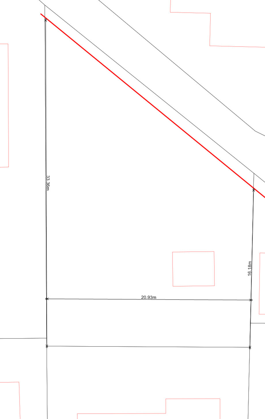 Floor plan of a plot with a red diagonal line; width 20.93 m (69 feet), height 33.36 m (109 feet).