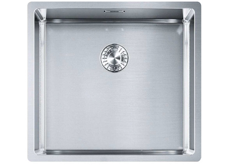 Square stainless steel sink with central round drain, brushed finish.