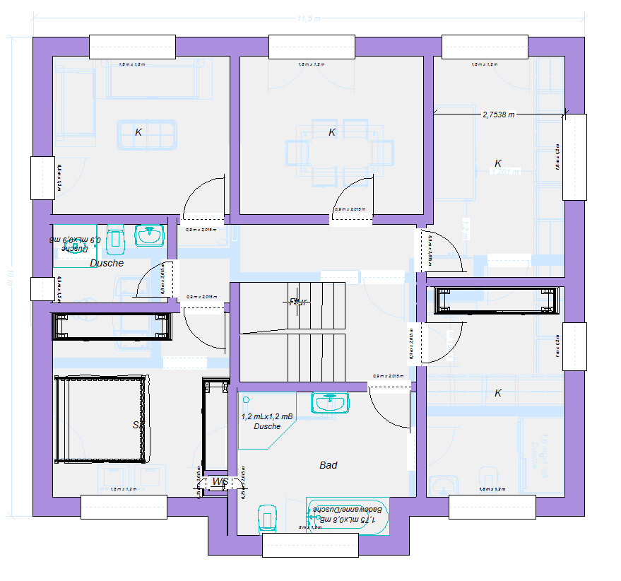 Floor plan of a residential building: several rooms, stairwell, bathroom with shower, kitchen.