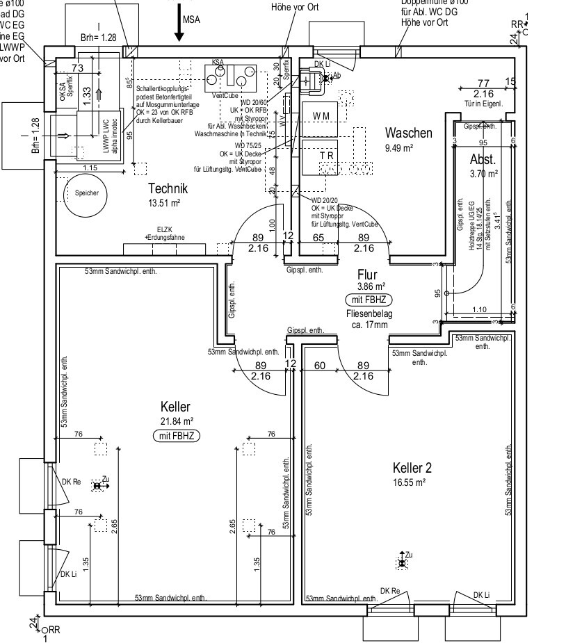 Floor plan of a house with technical room, laundry, corridor, two basement rooms and storage room.