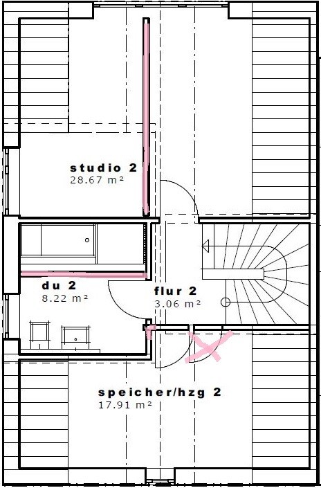 Floor plan of a floor: Studio 2, du 2, hallway 2, attic/HEATING 2, stairwell.