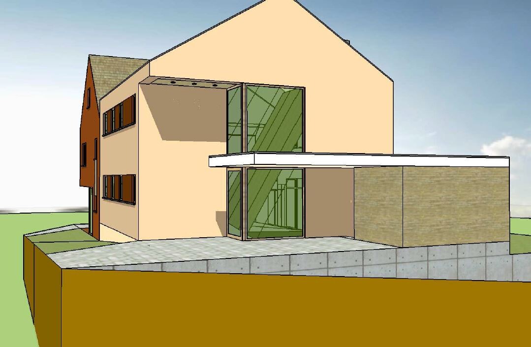Modern two-story house with large glass front, extension, and terrace.
