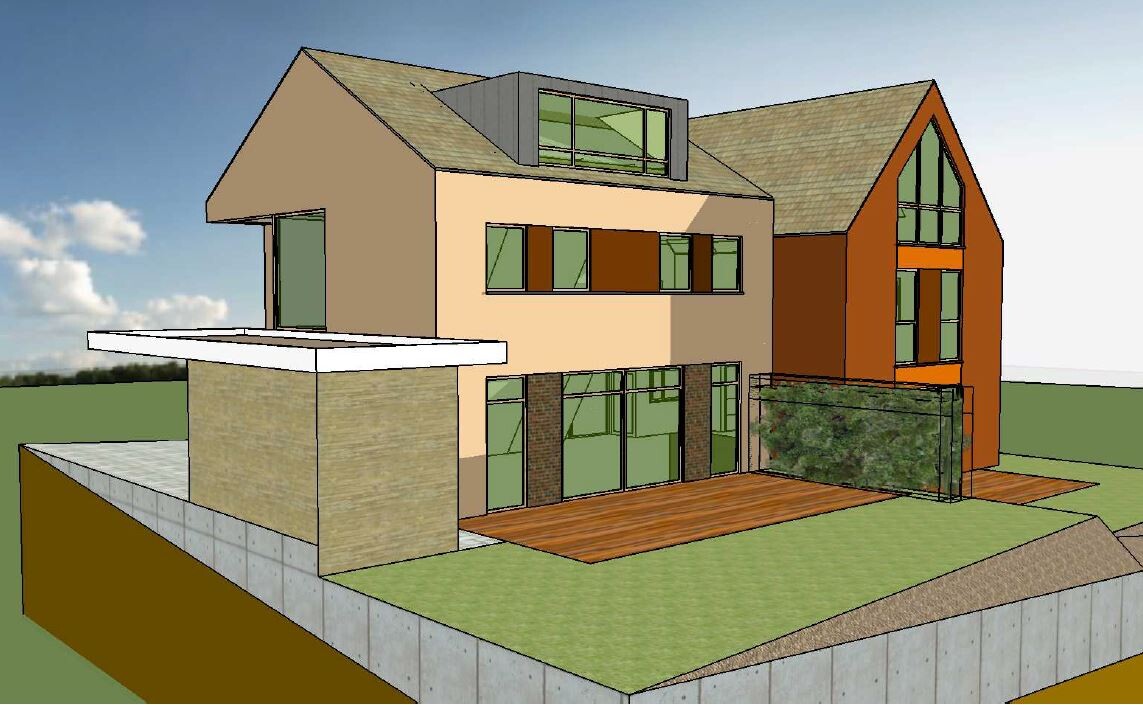 Modern two-story house view as a rendering with large glass windows, wooden terrace, and garden.