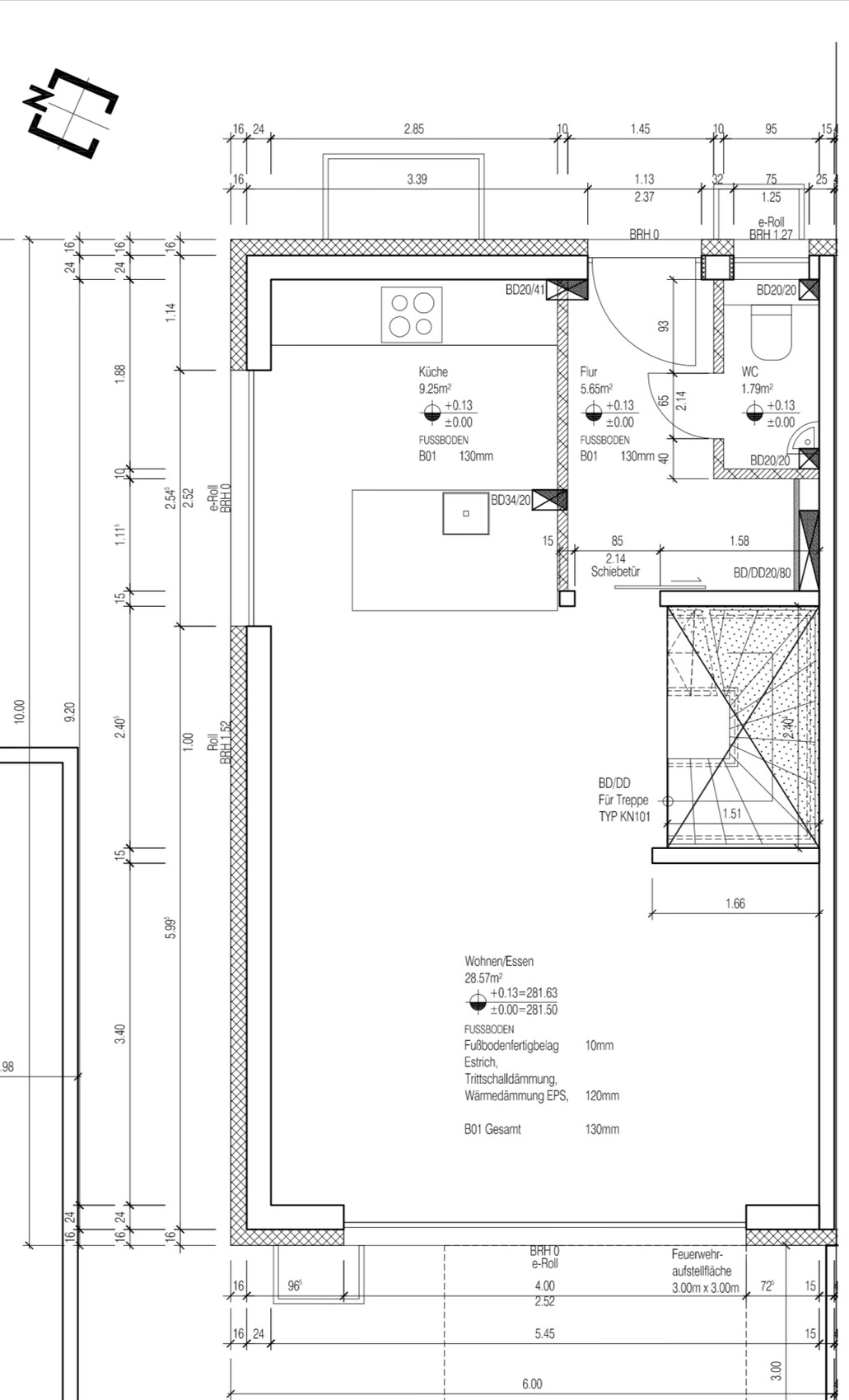 Architektur-Grundriss einer Wohnung mit Küche, Wohnen/Essen, Flur und Treppen