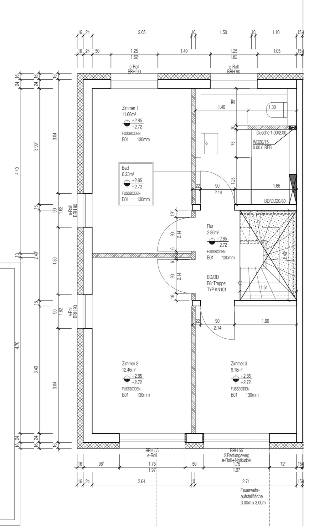 Detaillierter Grundriss eines Hauses mit Zimmern, Bad und Flur