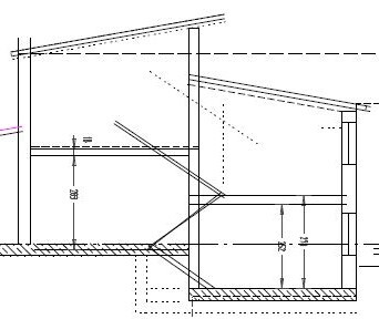 Building section showing stairs, walls, and roof.