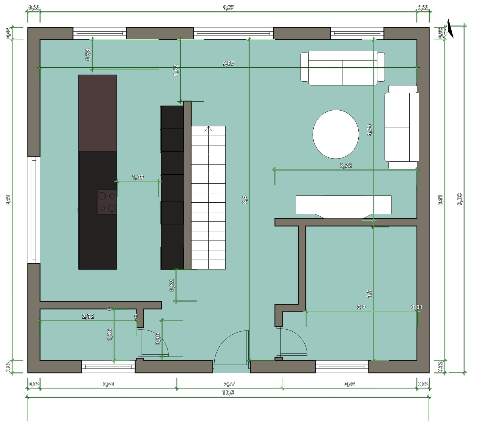 Floor plan of an open space: kitchen on the left, staircase in the center, living room on the right with sofa.