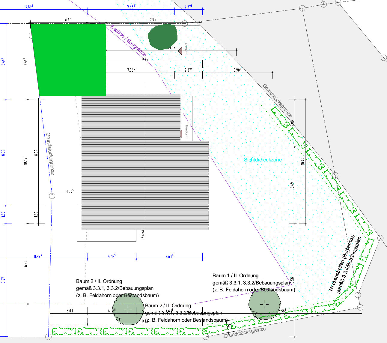 Site plan of a lot with house floor plan, boundary lines, and labels