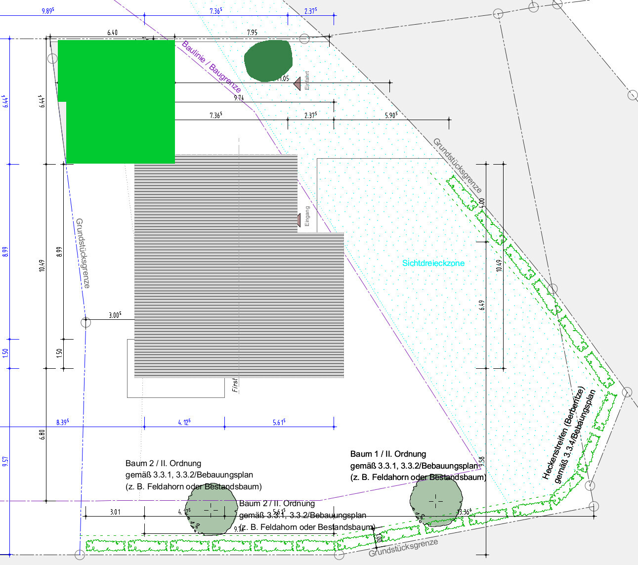 Site plan of a building lot with property boundary, building footprint, and garden