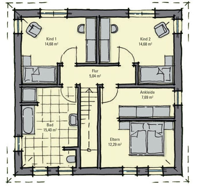 Floor plan of a house: hallway leading to master bedroom, child 1, child 2, bathroom, and dressing room.