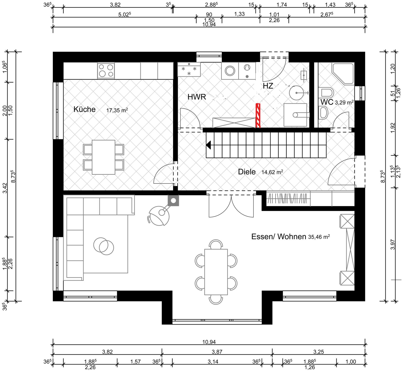 Ground floor plan: kitchen on the left, hallway in the middle, dining/living at the bottom, utility room, WC top right.