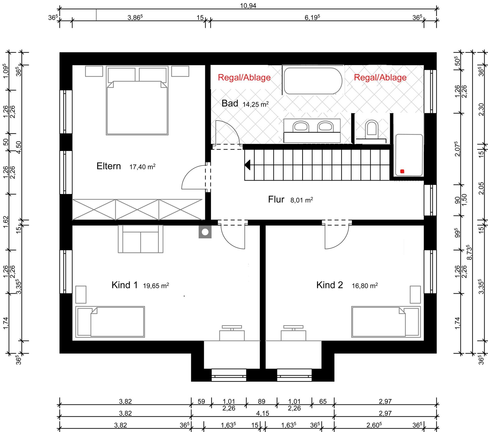 Floor plan with master bedroom, two children's rooms, hallway, and bathroom.