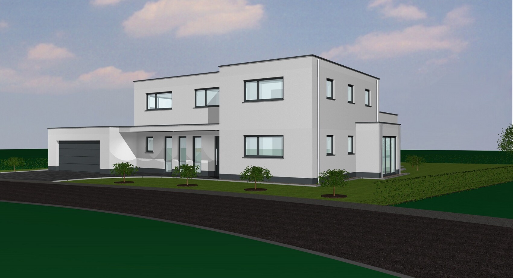 Modern two-story white house with garage, large windows, courtyard and driveway