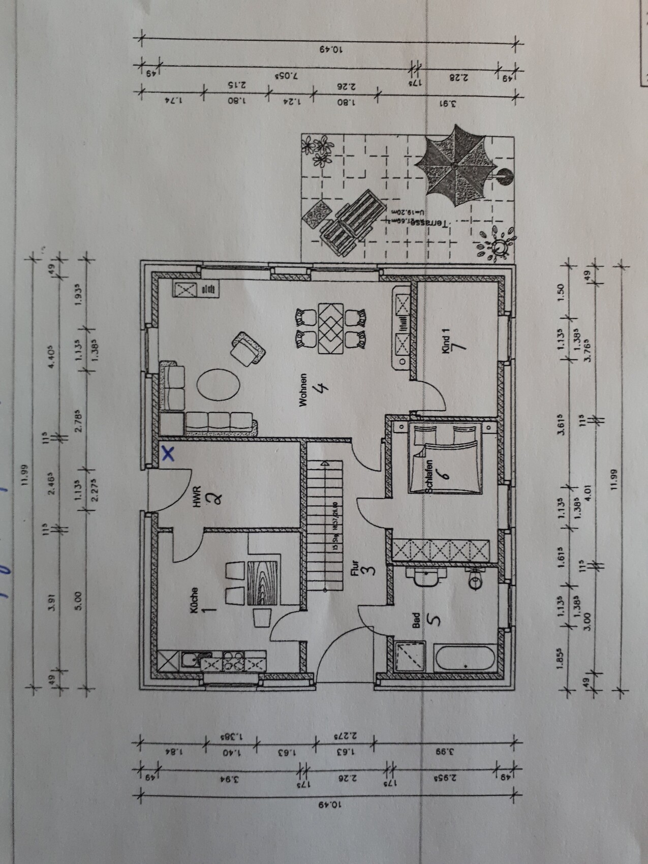 Ground plan of a house with kitchen, living room, bathroom, bedroom and children’s room, terrace